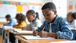© neon - Students focused on writing. Diverse children sit in a bright classroom, pens in hand, working on paper, with desks lined in organized rows