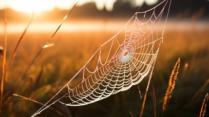 Dew-kissed spiderweb in golden light
