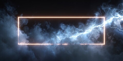 Wall Mural - Futuristic neon frame with electric lightning bolt in dark atmosphere and smoke revealing dynamic energy and modern design concept