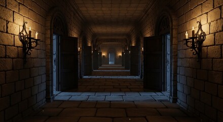Dark stone corridor lit by sconces open wooden doors line the hall leading into deeper shadowed space