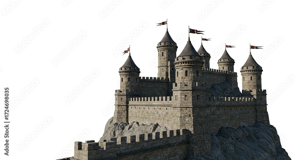 Castle With Rocks Stone castle perched atop rocks featuring towers battlements under a ...