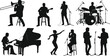 © Wajkuruni - Musician silhouette vector set, band performance icons, singer, guitarist, pianist, drummer, dancer illustration, concert, stage, microphone, music, entertainment