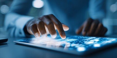 Wall Mural - Business Professional Utilizing Tablet with Digital Technology and Innovative Interface in Modern Office Environment