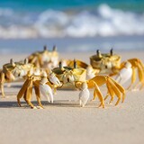 Yellow crabs on beach