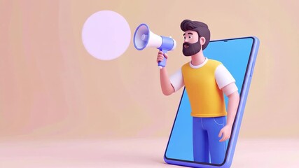 3D cartoon man with megaphone emerging from smartphone screen.