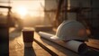 © Pule Stock - Construction site with hard hat and coffee cup at sunrise, symbolizing hard work and dedication in engineering.