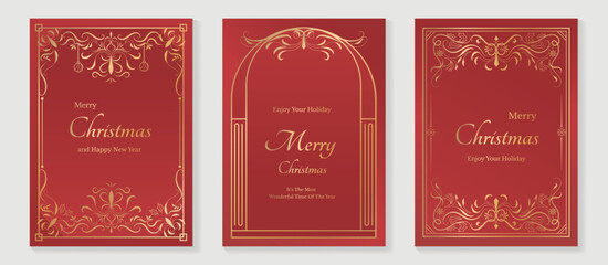 Wall Mural - Christmas and Happy Holidays poster vector set. Luxury card template with Victoria frame, leaves and ornament vintage border on red background. Design illustration for cover, poster, packaging.