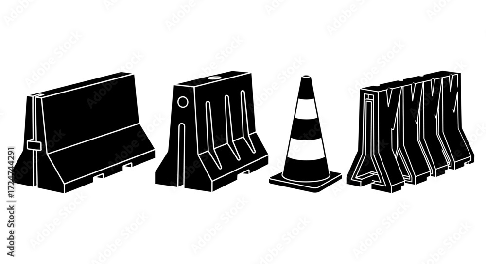 Construction barriers and traffic cone collection isolated on white for ...