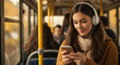 © queen - Young woman enjoying music and using smartphone on a bus during her commute