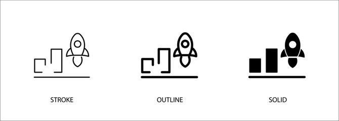 Bar chart icon with rocket for fast growth, startup, development. Editable vector stroke icon, outline and solid. Eps10 file.