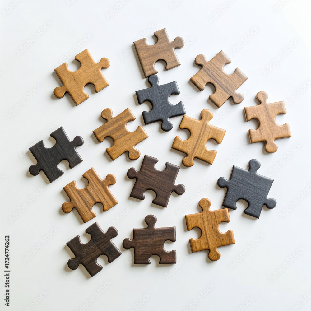 scattered and stacked Mini wooden puzzle pieces isolated on neutral ...