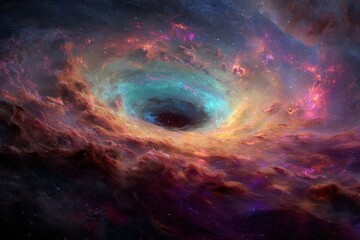 Wall Mural - Cosmic black hole engulfs a vibrant nebula in a spectacular display of celestial phenomena and gravitational forces in deep space