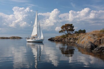 Wall Mural - Sailing boat gliding through the calm waters of Sweden's coastal archipelago under a backdrop of billowy clouds and peaceful nature