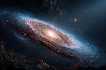 Wall Mural - Bright spiral galaxy with swirling stars illuminated in a deep cosmic space setting
