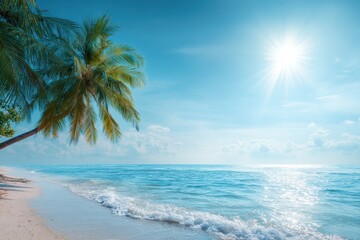 Wall Mural - Breathtaking tropical sunrise over a serene beach with palm trees swaying gently in the warm breeze, reflecting vibrant colors on calm ocean waters