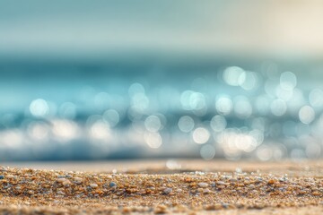 Wall Mural - Abstract beach background featuring blurred bokeh of ocean waves and sandy shore under soft sunlight during daytime