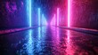 © Shehzad - Wet asphalt street with reflections of neon rays and dramatic searchlight lighting at night.