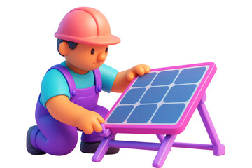 Cartoon worker in helmet setting up solar panel, colorful graphic style, isolated on white background. Concept of clean energy and industry. Ai generative