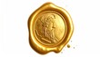 © Olla - Golden wax seal depicting a bearded, helmeted figure in profile, set against a white background with drips of melted wax