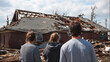 © AiDesign - Storm damaged house with broken roof after natural disaster destruction and family looking at property damage showing climate risk recovery and rebuilding need