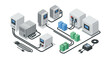 © Ophelia - Isometric power supply systems with battery units and connectors for industrial setup