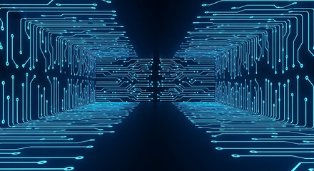 Wall Mural - Futuristic Blue Circuit Board Tunnel with Glowing Lines technology digital