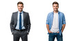 © Hannelore - Young caucasian man, mid-20s, smiling, depicted side-by-side in sharp suit and casual jeans on transparent studio background with ample copy space, concept of adaptable personal style