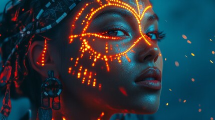 Wall Mural - a stunning portrait of a person adorned with mesmerizing light patterns. the vibrant colors and crea