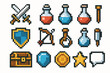 © Iryna - Pixel art rpg game icons: swords, potions, shield, bow, chest, coins, star