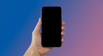 Holding a modern smartphone with blank screen ready for your app design or mobile content against a vibrant blue and purple gradient