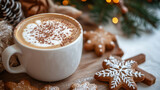 White mug of cappuccino with cinnamon and gingerbread cookies