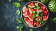 © Dece Std - Sliced watermelon and basil leaves in a bowl on dark surface