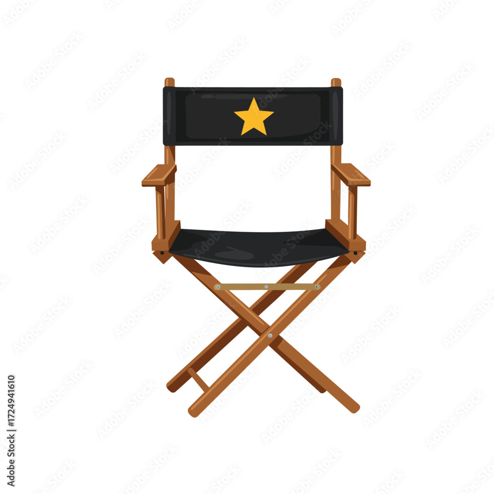 A wooden director s chair with a black seat and a gold star