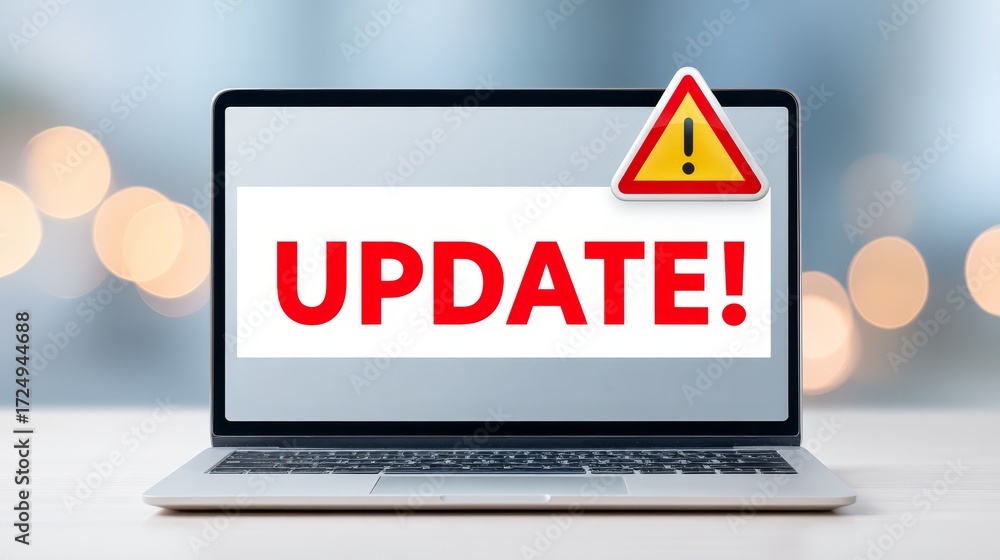 Laptop Screen Displaying an Urgent UPDATE! Warning with an Exclamation ...