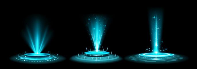 Wall Mural - Futuristic AI portal with blue energy beams and circular platforms for sci-fi concepts. Glowing holographic gates with light rays and particles. Digital teleportation or data transfer visualization