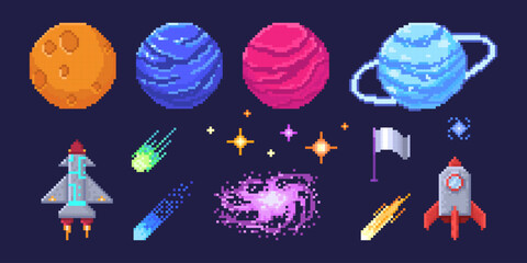 Wall Mural - Retro pixel planet set with colorful worlds, spaceships and cosmic elements for game design. Saturn with ring and rocket, comet and stars with galaxy spiral. 8 bit space elements for arcade interface