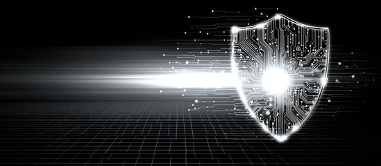 Digital shield graphic with circuit board design, representing cybersecurity and data protection.