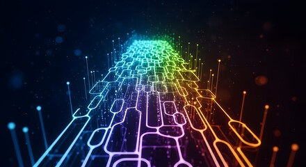 Dynamic abstract visualization of digital data streams and network connectivity with vibrant, glowing neon pathways on a dark, futuristic background