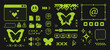 © klyaksun - Pixel game interface with y2k aesthetic - browser window, butterfly icons, smiling face and media controls on black background. Neon green elements of navigation buttons for retro computer design.
