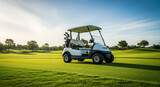 A white golf cart sits on a lush green golf course under a bright blue sky with scattered clouds.