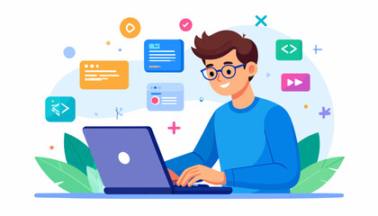 Cute cartoon programmer typing on laptop with floating code icons