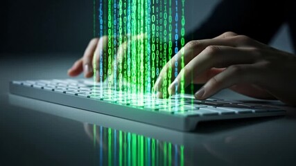 Illuminated Binary Code Flows from Keyboard to Digital Stream, Representing Data Transfer and Online Communication