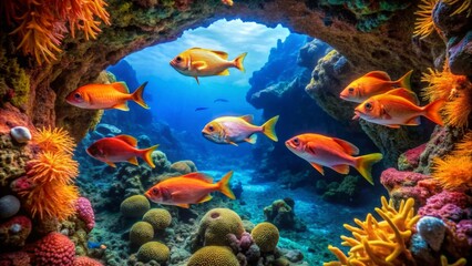 Naklejka na meble Vibrant Reefscape A School of Orange Fish Gracefully Navigates a Coral Cave's Entrance, Illuminated by a Sunlit Azure Ocean