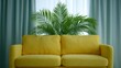 © fotogurme - Sunny yellow sofa cradles verdant palm, evoking tropical escapism and Lazy Day celebrations, amidst tranquil teal drapery
