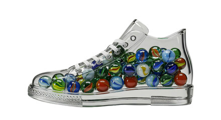 Glass sneaker filled with colorful marbles isolated PNG with Transparent Background