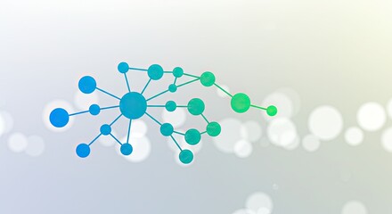 Abstract network of connected dots in blue and green hues on a bokeh background.