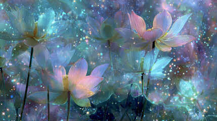 Wall Mural - Glowing lotus flowers wallpaper with light effects and glitter. Fantasy floral mural with translucent lotus blossoms. Ethereal botanical print of lotus flowers on a textured wall Stock Illustration