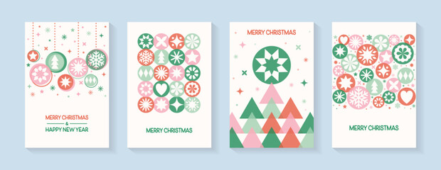 Wall Mural - Christmas greeting card set in modern style. Christmas ball, tree and snowflakes. Vector illustration