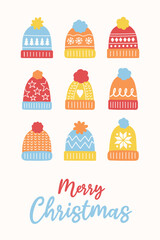 Wall Mural - Christmas poster with funny hand drawn winter hats. Vector illustration