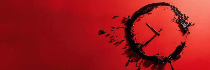 Wall Mural - Abstract Clock Art with Black Paint on Red Background